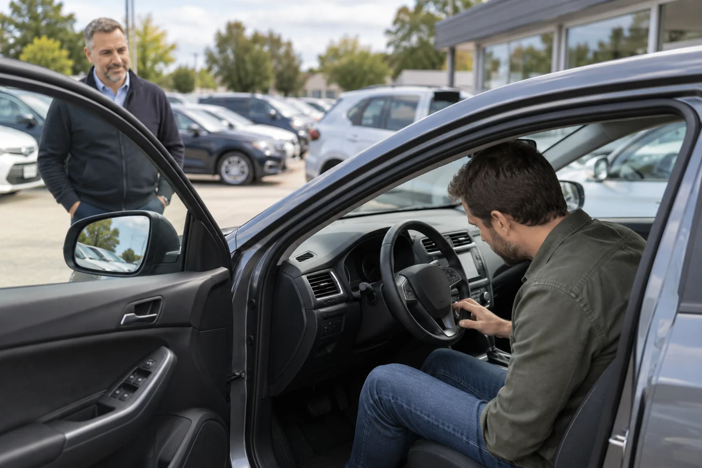 Покупатель осматривает обычный подержанный автомобиль в небольшом автосалоне.