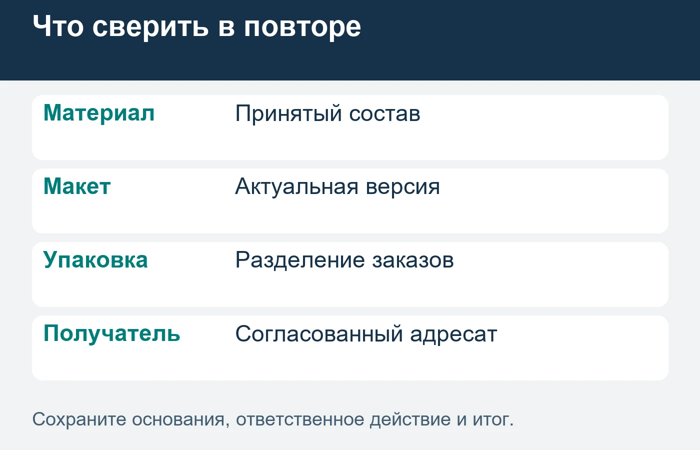 Повторная партия не подтверждается старым образцом без сверки нового задания.