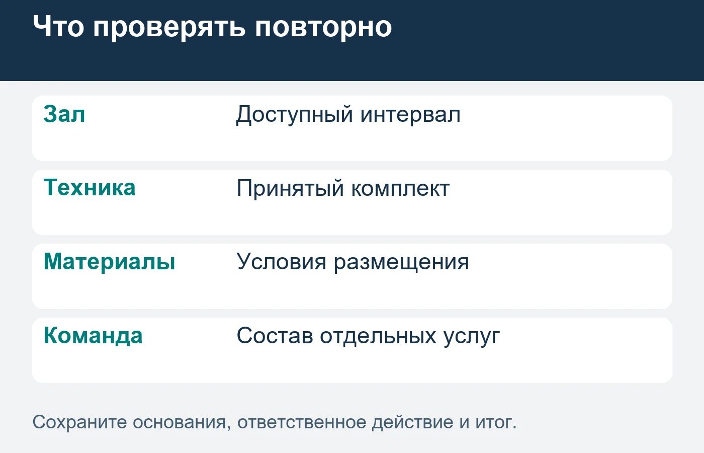 Прежнее бронирование не гарантирует сохранённый свет, оборудование или хранение материалов без отдельного согласования.