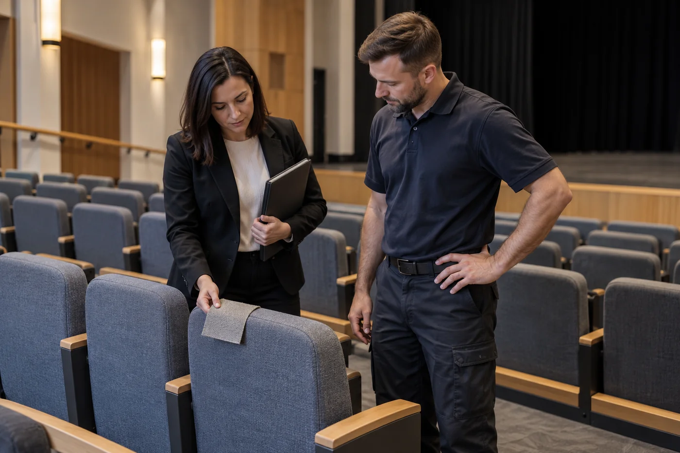 Редакционная иллюстрация согласования обработки кресел пустого зрительного зала