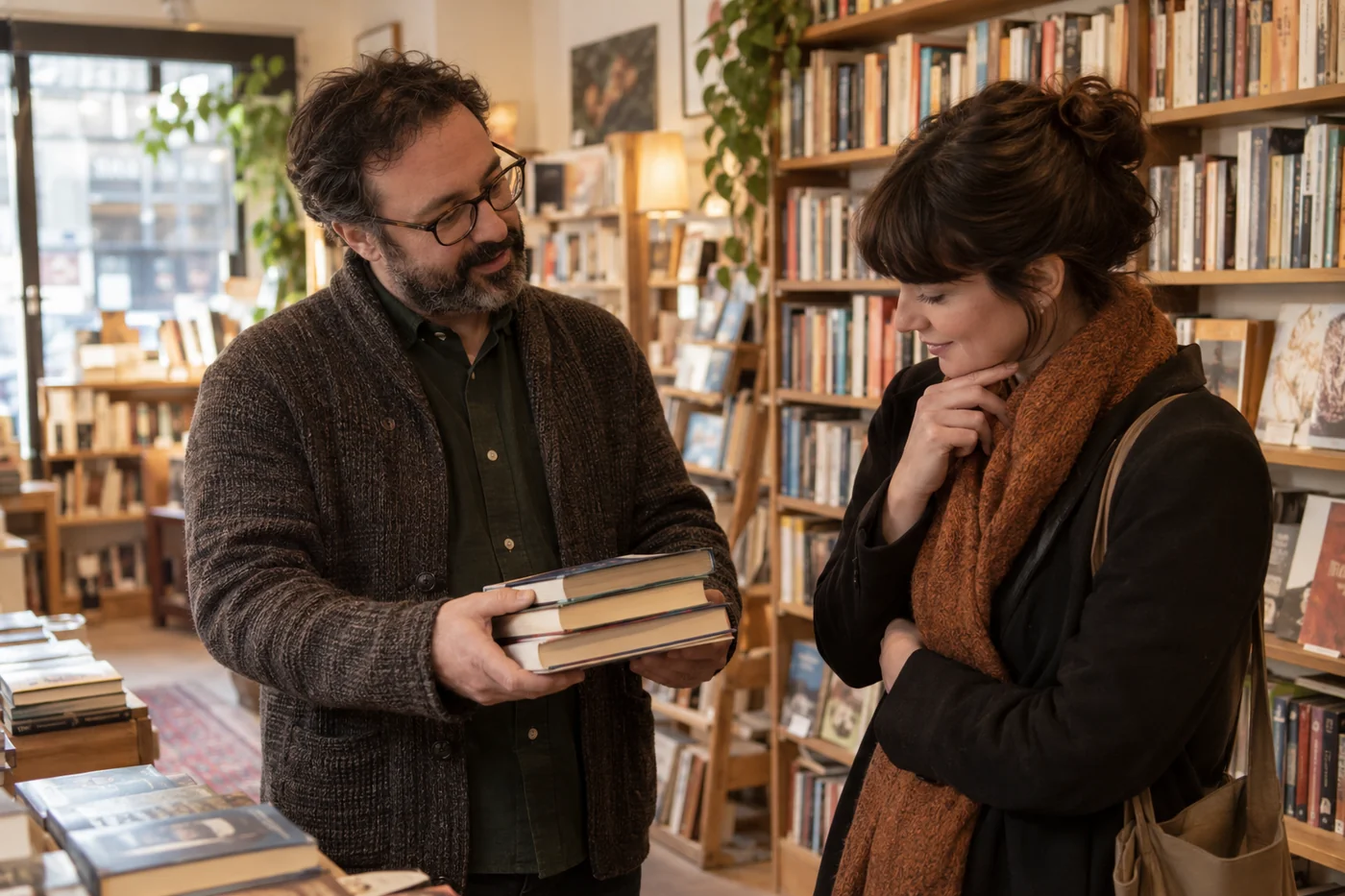 Книготорговец показывает покупателю несколько изданий у полки.