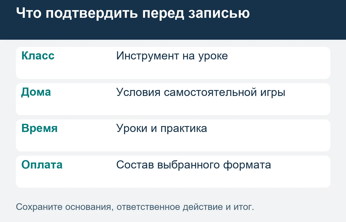Продолжение обучения должно соответствовать реальному расписанию и условиям практики взрослого ученика.